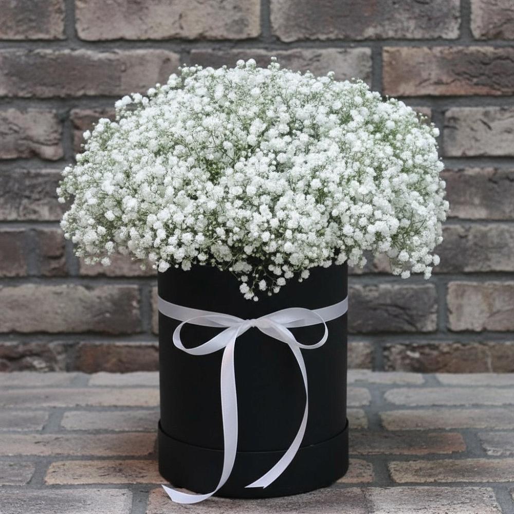 Цветочная композиция из Гипсофила в шляпной коробке в Дубранивке