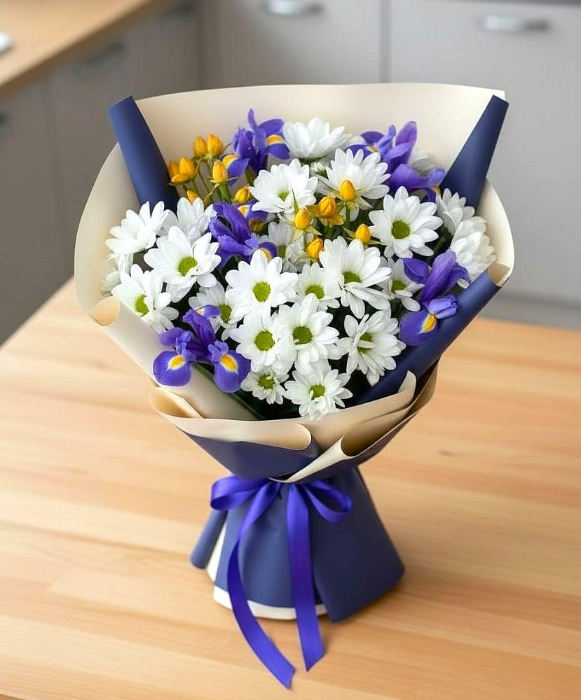 Букет цветов из: Розы, Ирисы и Хризантемы в Дубранивке