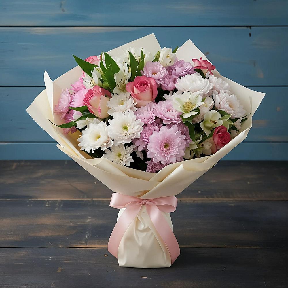 Букет цветов из: Хризантемы, Альстромерии и Розы в Дубранивке